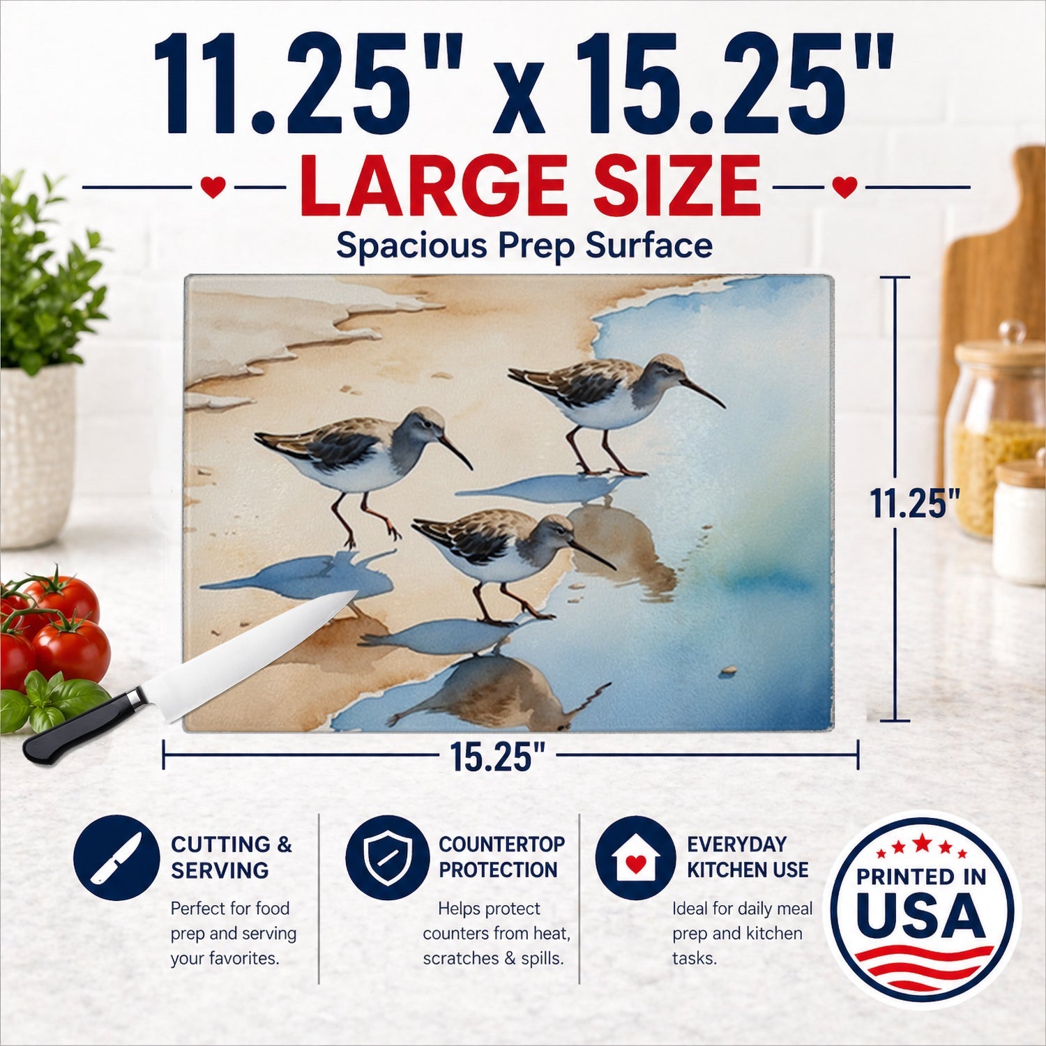 Sandpipers Running Along Shore Watercolor Cutting Board Tempered Glass Kitchen Cutting Surface, Heat Resistant Chopping, Non-Slip Feet, Food Prep & Serving