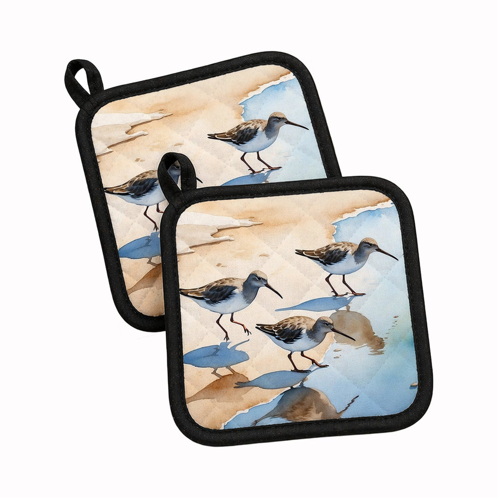 Sandpipers Running Along Shore Watercolor Pot Holder Set of 2 Heat Resistant Quilted Hot Pads 7.5 x 7.5 Inch, Insulated Kitchen Trivets for Cooking & Baking