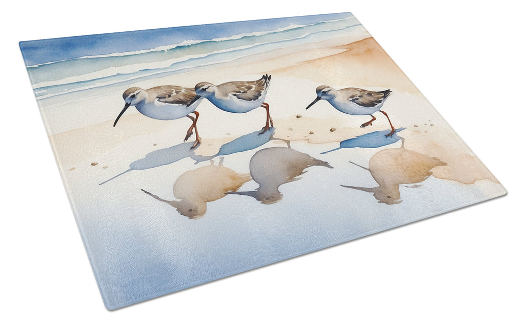 Sandpipers Coastal Reflection Watercolor Cutting Board Tempered Glass Kitchen Cutting Surface, Heat Resistant Chopping, Non-Slip Feet, Food Prep & Serving