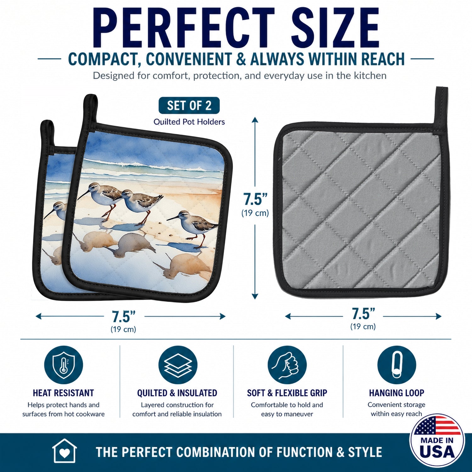 Sandpipers Coastal Reflection Watercolor Pot Holder Set of 2 Heat Resistant Quilted Hot Pads 7.5 x 7.5 Inch, Insulated Kitchen Trivets for Cooking & Baking