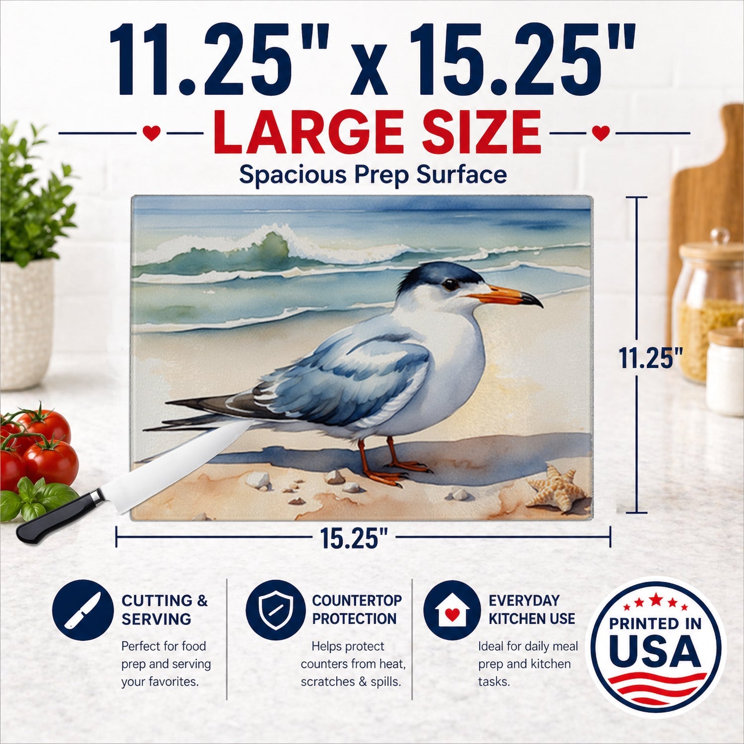 Tern Resting on Beach Shore Watercolor Cutting Board Tempered Glass Kitchen Cutting Surface, Heat Resistant Chopping, Non-Slip Feet, Food Prep & Serving