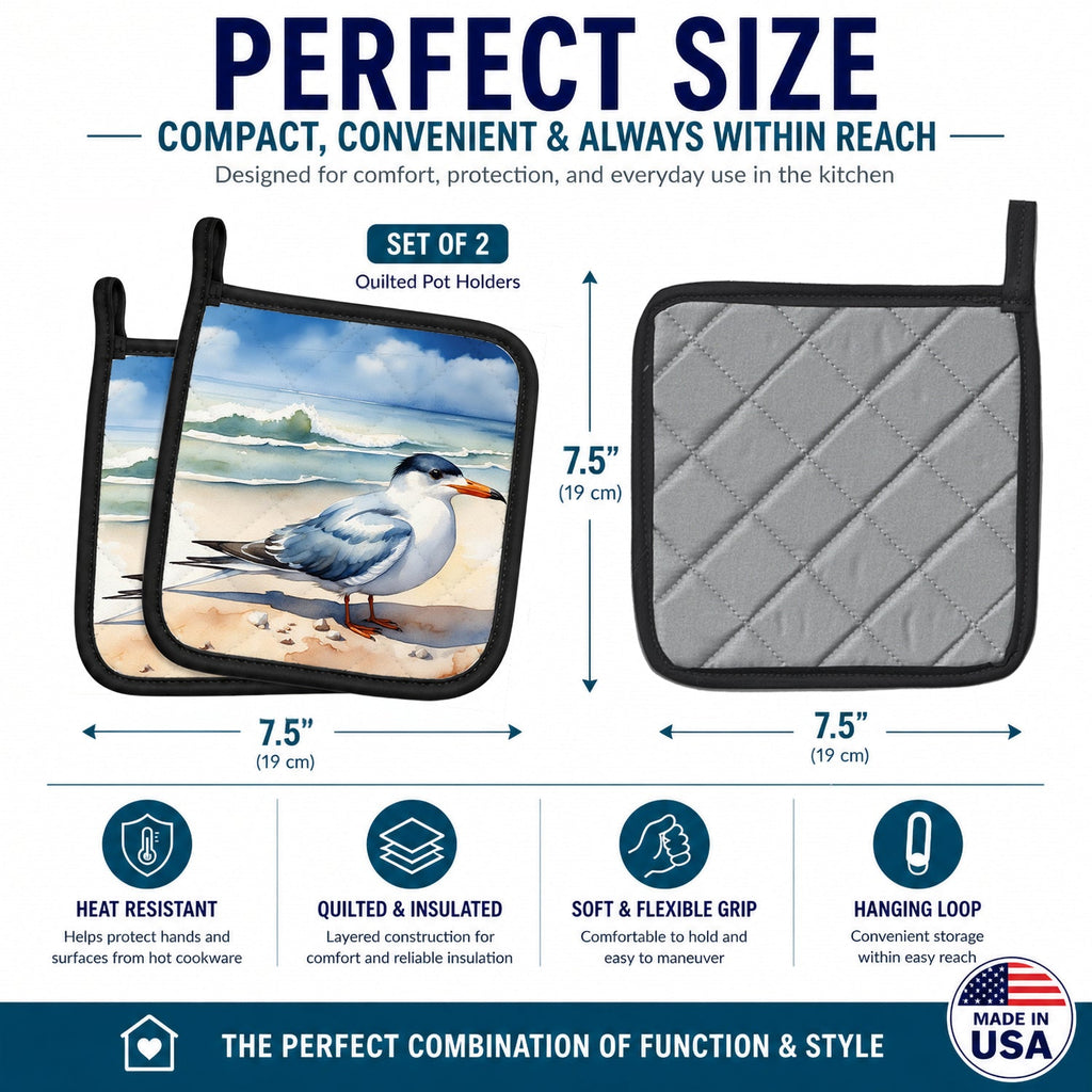 Tern Resting on Beach Shore Watercolor Pot Holder Set of 2 Heat Resistant Quilted Hot Pads 7.5 x 7.5 Inch, Insulated Kitchen Trivets for Cooking & Baking