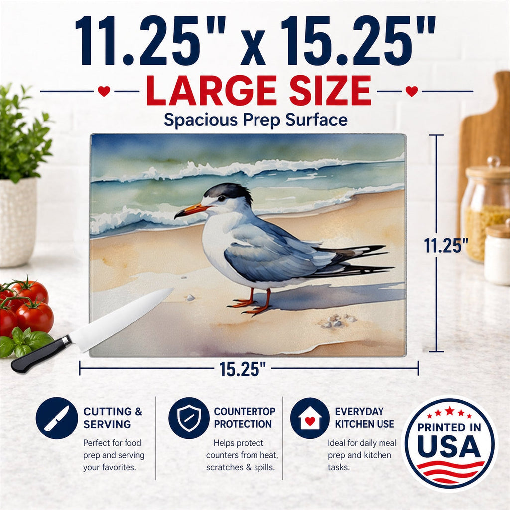 Tern Resting on Sandy Beach Watercolor Cutting Board Tempered Glass Kitchen Cutting Surface, Heat Resistant Chopping, Non-Slip Feet, Food Prep & Serving