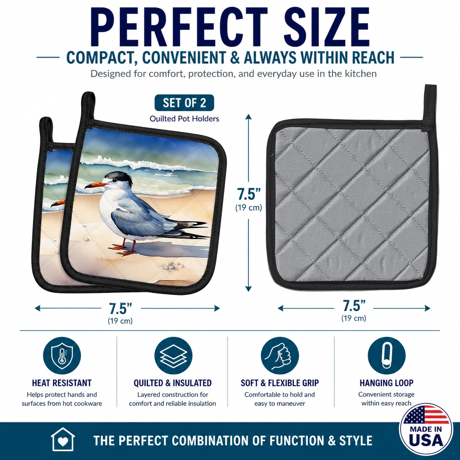 Tern Resting on Sandy Beach Watercolor Pot Holder Set of 2 Heat Resistant Quilted Hot Pads 7.5 x 7.5 Inch, Insulated Kitchen Trivets for Cooking & Baking