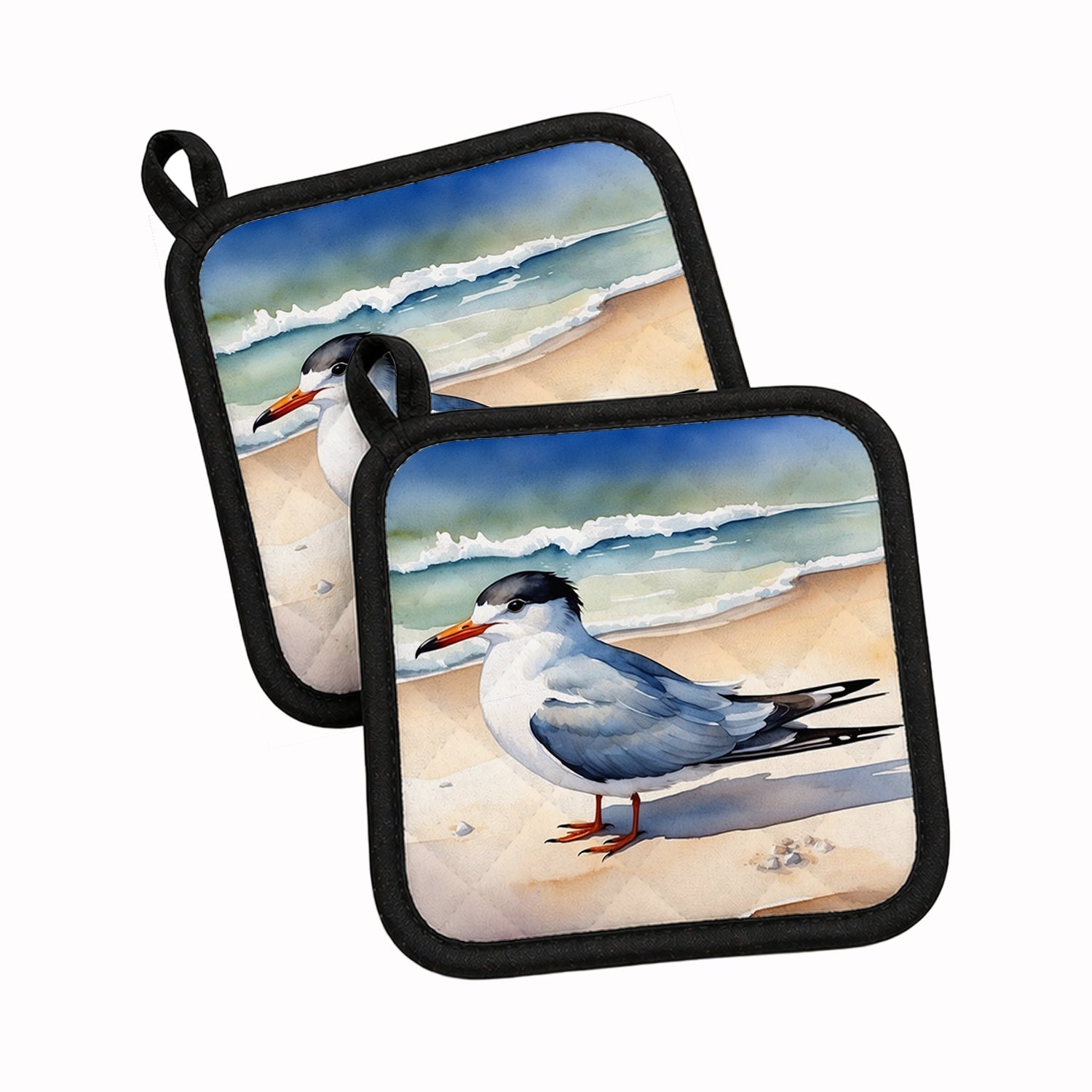 Tern Resting on Sandy Beach Watercolor Pot Holder Set of 2 Heat Resistant Quilted Hot Pads 7.5 x 7.5 Inch, Insulated Kitchen Trivets for Cooking & Baking