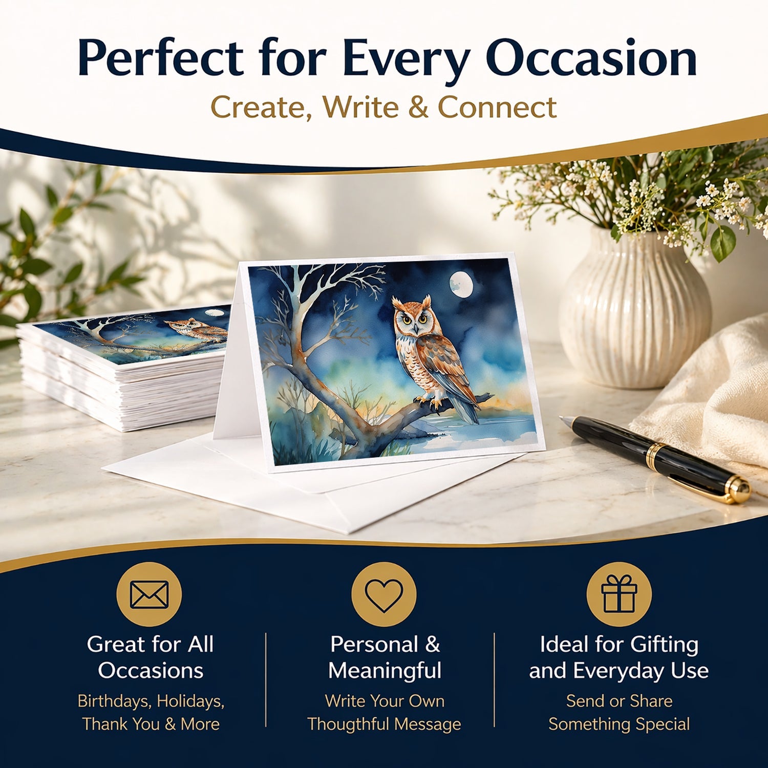 Owl on Tree by Moonlight Coastal Watercolor Greeting Cards Pack of 8 Blank Cards with Envelopes Whimsical A7 Size 5x7