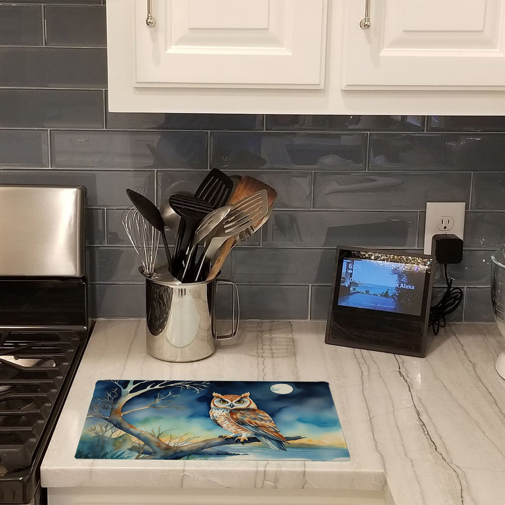 Owl on Tree by Moonlight Coastal Watercolor Cutting Board Tempered Glass Kitchen Cutting Surface, Heat Resistant Chopping, Non-Slip Feet, Food Prep & Serving