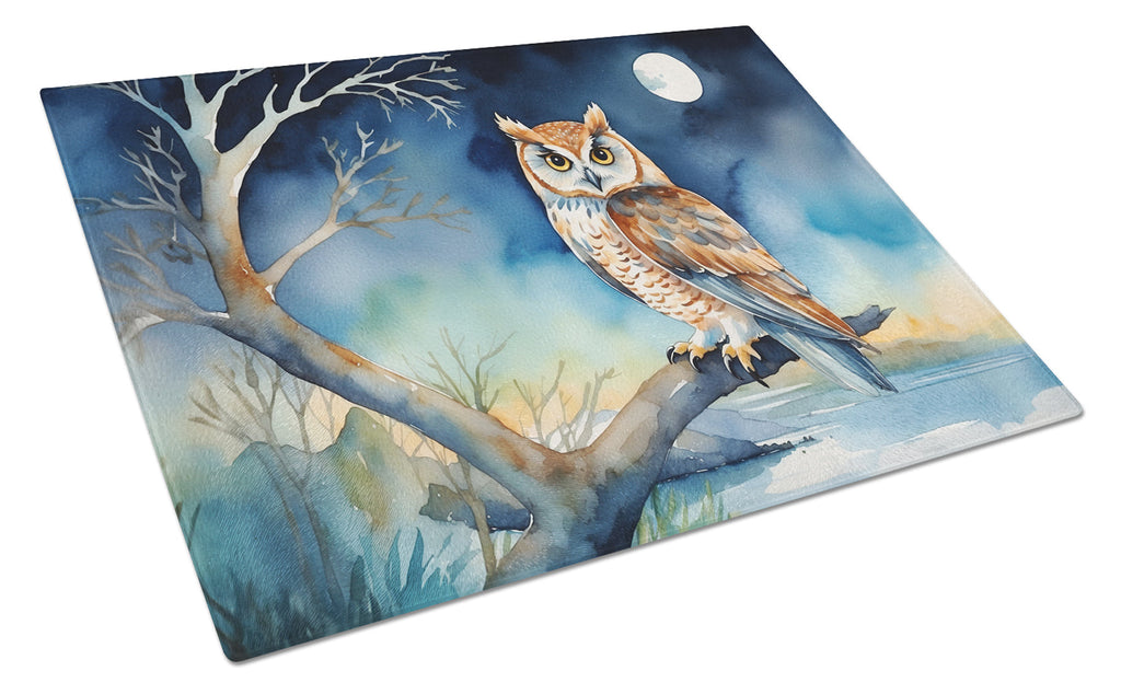 Owl on Tree by Moonlight Coastal Watercolor Cutting Board Tempered Glass Kitchen Cutting Surface, Heat Resistant Chopping, Non-Slip Feet, Food Prep & Serving