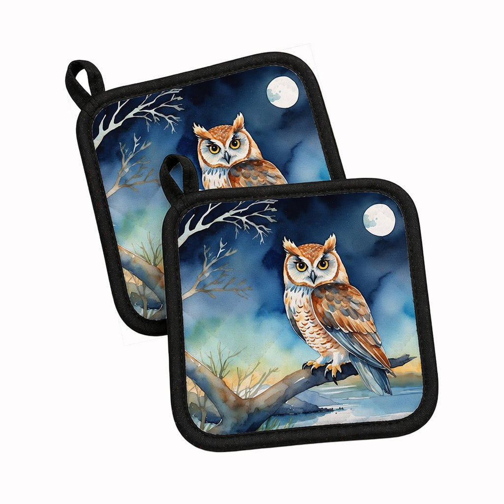Owl on Tree by Moonlight Coastal Watercolor Pot Holder Set of 2 Heat Resistant Quilted Hot Pads 7.5 x 7.5 Inch, Insulated Kitchen Trivets for Cooking & Baking