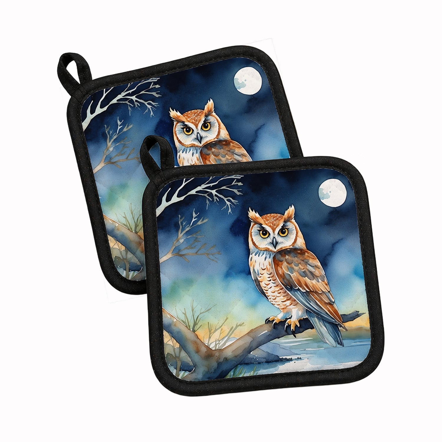 Owl on Tree by Moonlight Coastal Watercolor Pot Holder Set of 2 Heat Resistant Quilted Hot Pads 7.5 x 7.5 Inch, Insulated Kitchen Trivets for Cooking & Baking