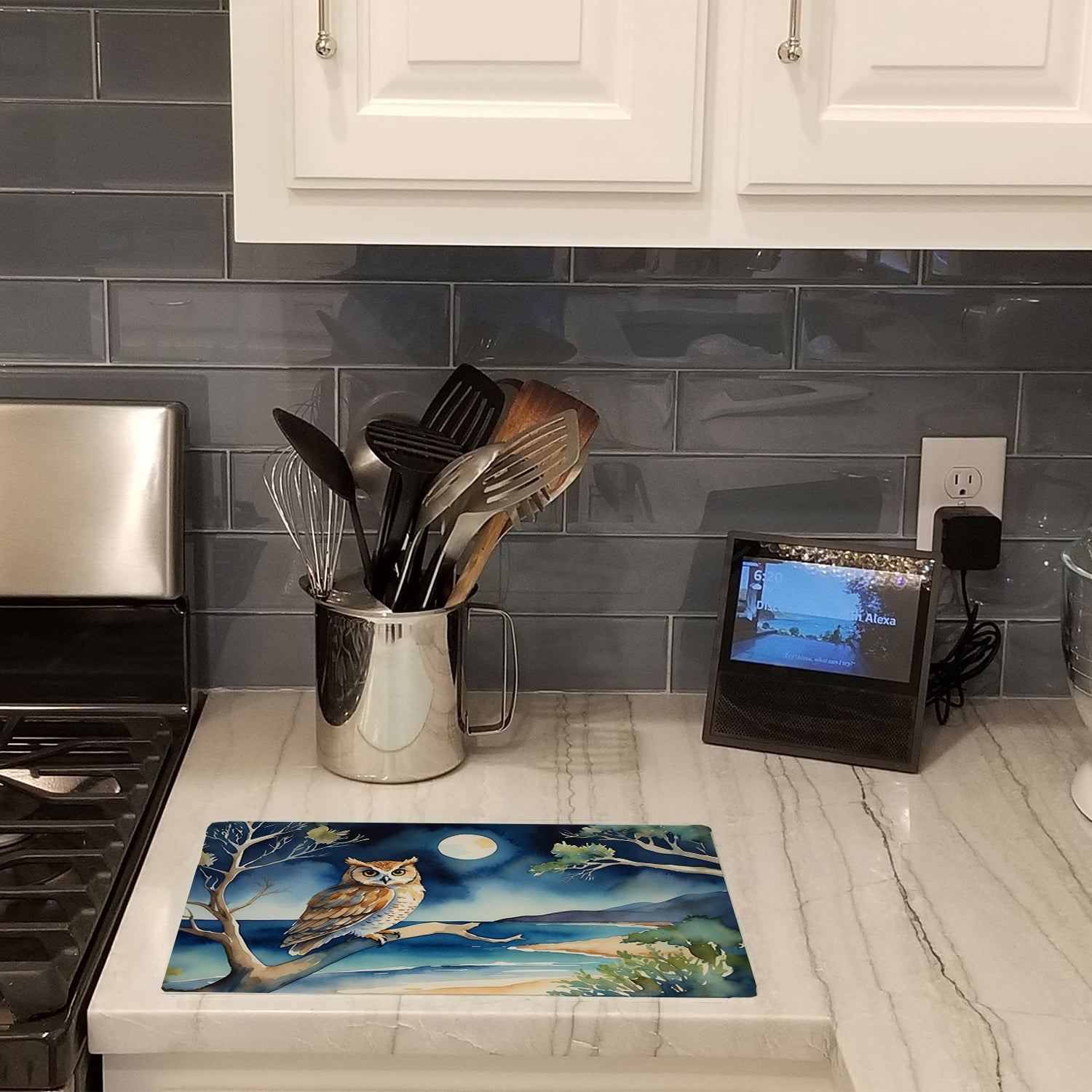 Owl by Moonlit Ocean Watercolor Cutting Board Tempered Glass Kitchen Cutting Surface, Heat Resistant Chopping, Non-Slip Feet, Food Prep & Serving