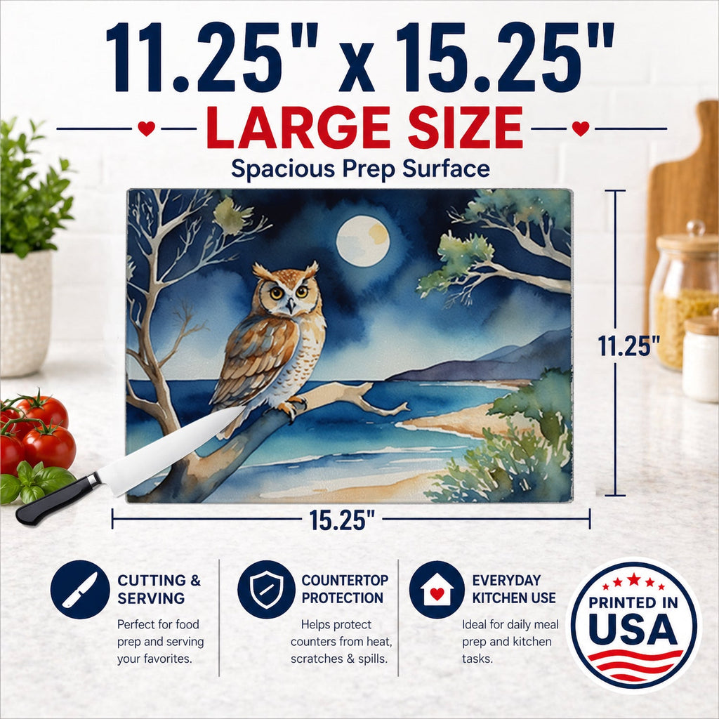 Owl by Moonlit Ocean Watercolor Cutting Board Tempered Glass Kitchen Cutting Surface, Heat Resistant Chopping, Non-Slip Feet, Food Prep & Serving