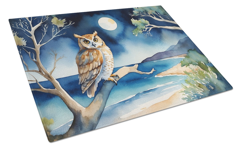 Owl by Moonlit Ocean Watercolor Cutting Board Tempered Glass Kitchen Cutting Surface, Heat Resistant Chopping, Non-Slip Feet, Food Prep & Serving