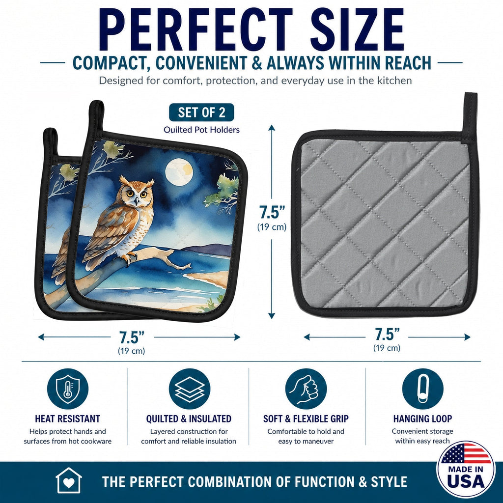 Owl by Moonlit Ocean Watercolor Pot Holder Set of 2 Heat Resistant Quilted Hot Pads 7.5 x 7.5 Inch, Insulated Kitchen Trivets for Cooking & Baking