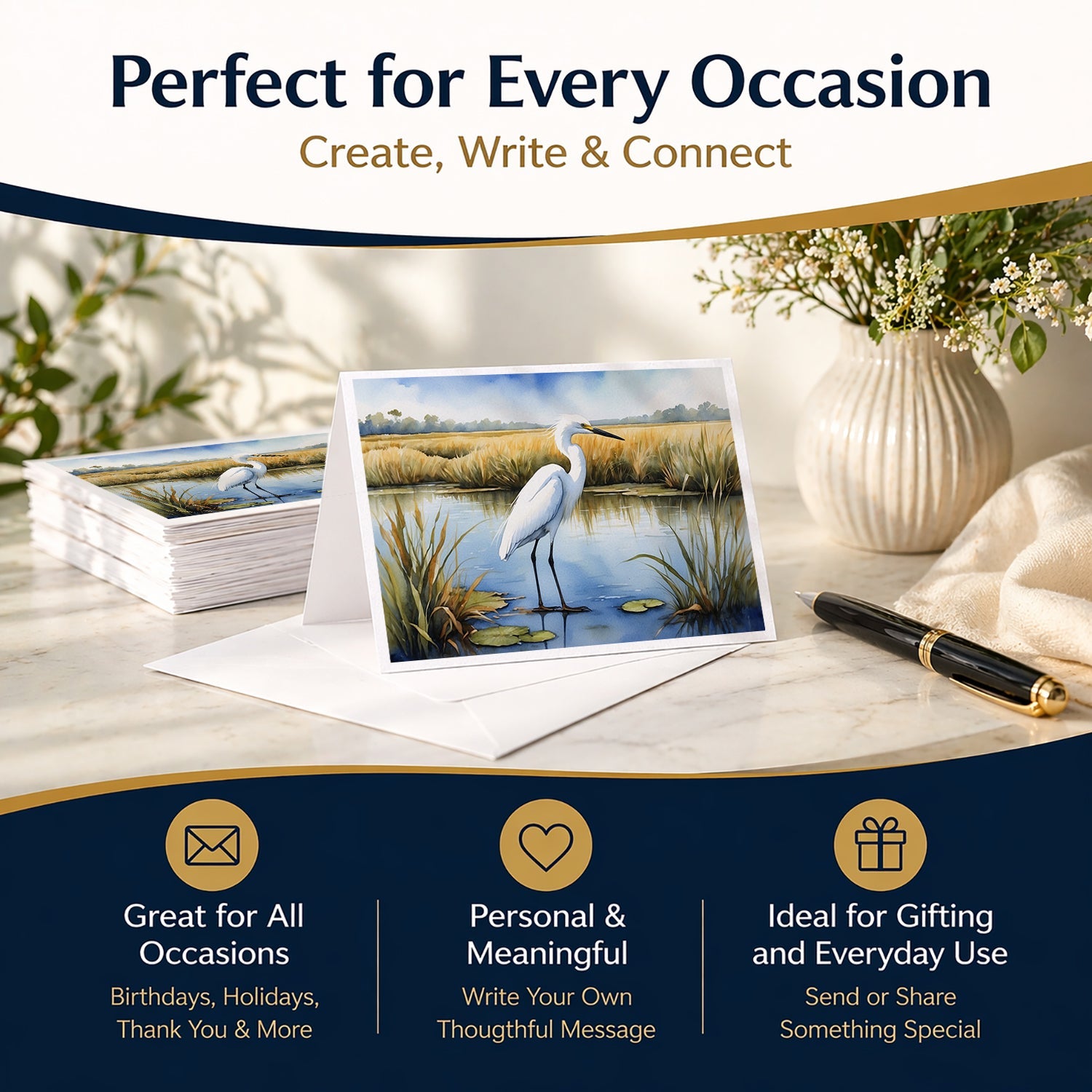 Snowy Great Egret in Marsh Wetland Watercolor Greeting Cards Pack of 8 Blank Cards with Envelopes Whimsical A7 Size 5x7