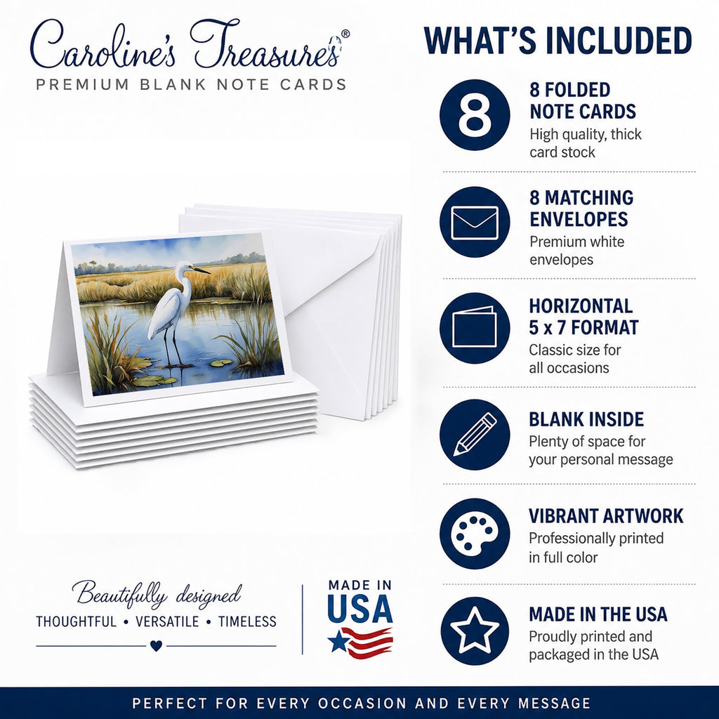 Snowy Great Egret in Marsh Wetland Watercolor Greeting Cards Pack of 8 Blank Cards with Envelopes Whimsical A7 Size 5x7