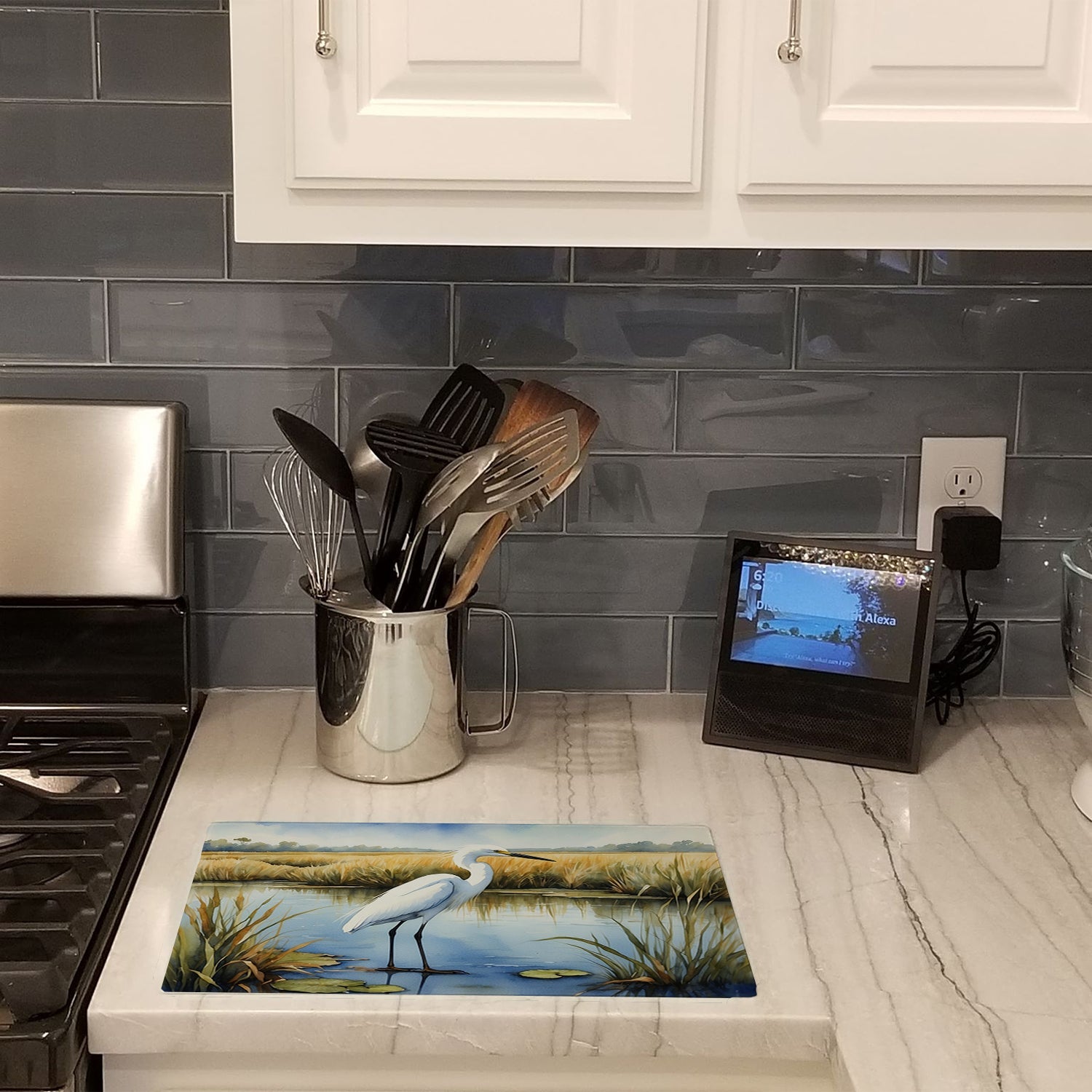 Snowy Great Egret in Marsh Wetland Watercolor Cutting Board Tempered Glass Kitchen Cutting Surface, Heat Resistant Chopping, Non-Slip Feet, Food Prep & Serving