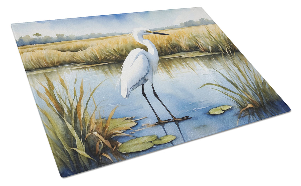 Snowy Great Egret in Marsh Wetland Watercolor Cutting Board Tempered Glass Kitchen Cutting Surface, Heat Resistant Chopping, Non-Slip Feet, Food Prep & Serving