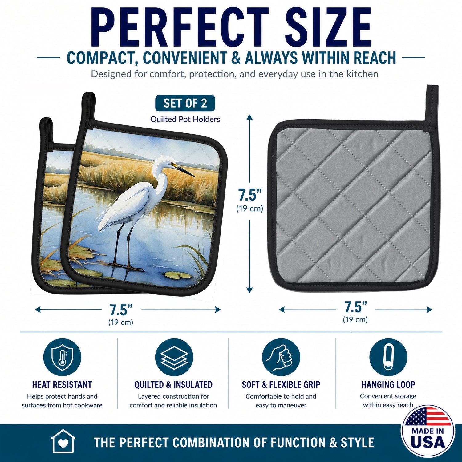 Snowy Great Egret in Marsh Wetland Watercolor Pot Holder Set of 2 Heat Resistant Quilted Hot Pads 7.5 x 7.5 Inch, Insulated Kitchen Trivets for Cooking & Baking