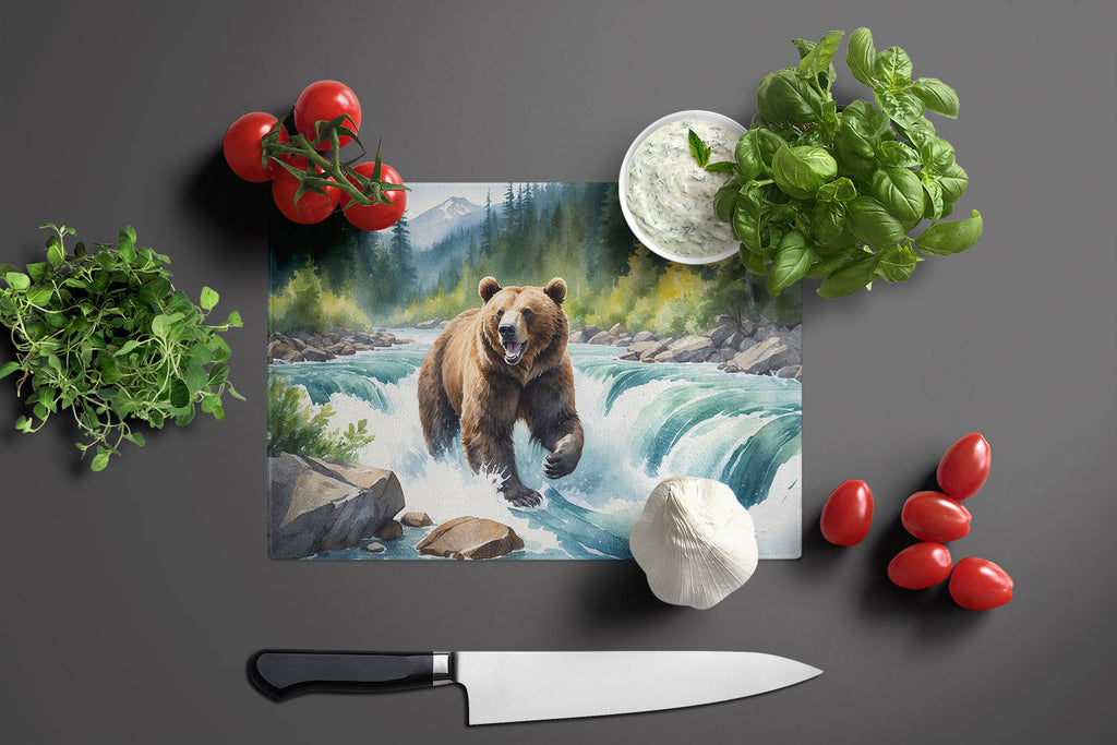 Alaskan Wilderness Grizzly Bear Cutting Board Tempered Glass Kitchen Cutting Surface, Heat Resistant Chopping, Non-Slip Feet, Food Prep & Serving
