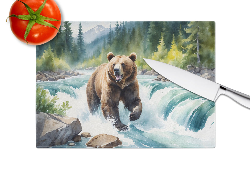 Alaskan Wilderness Grizzly Bear Cutting Board Tempered Glass Kitchen Cutting Surface, Heat Resistant Chopping, Non-Slip Feet, Food Prep & Serving