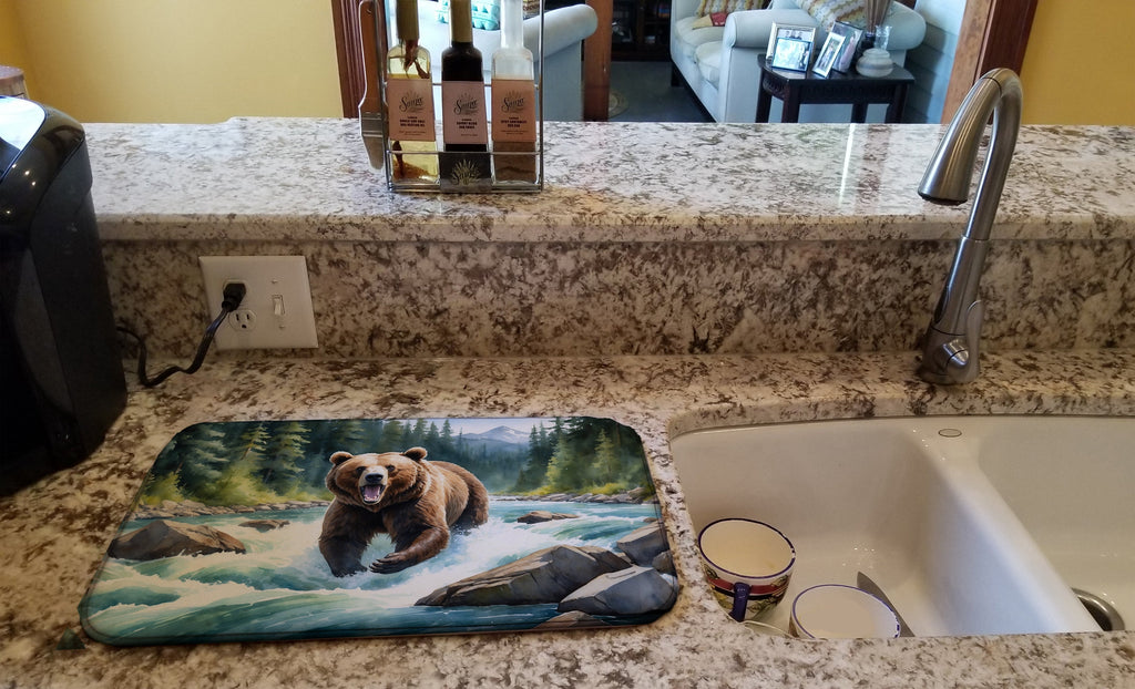 Alaskan Wilderness Grizzly Bear Dish Drying Mat Absorbent Dish Drying Mat Pad for Kitchen Counter Dish Drainer Mat for Countertop, 14 x 21", Multicolor