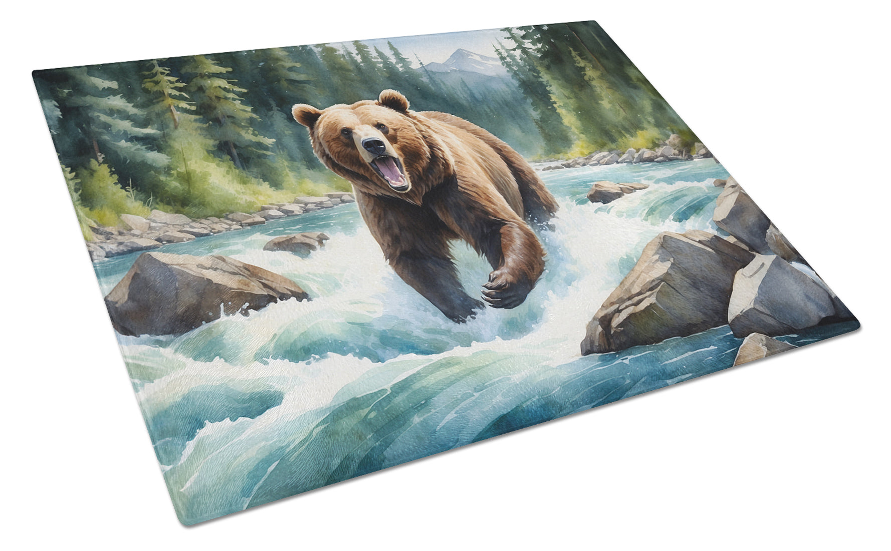 Alaskan Wilderness Grizzly Bear Cutting Board Tempered Glass Kitchen Cutting Surface, Heat Resistant Chopping, Non-Slip Feet, Food Prep & Serving