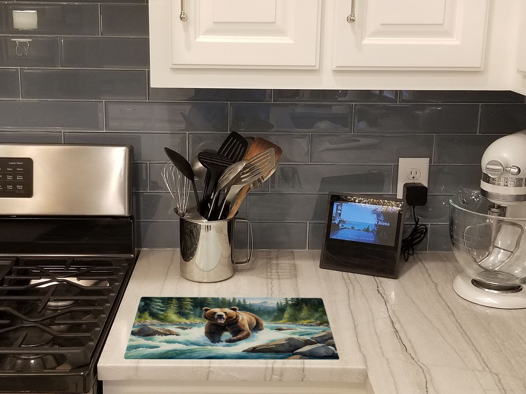 Alaskan Wilderness Grizzly Bear Cutting Board Tempered Glass Kitchen Cutting Surface, Heat Resistant Chopping, Non-Slip Feet, Food Prep & Serving