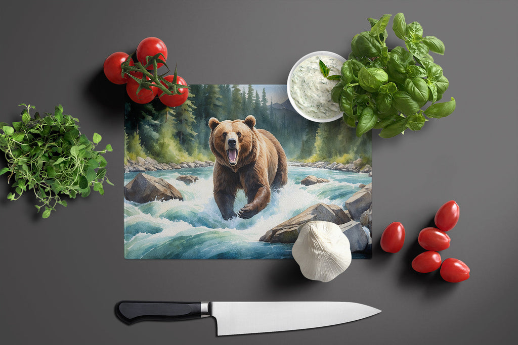 Alaskan Wilderness Grizzly Bear Cutting Board Tempered Glass Kitchen Cutting Surface, Heat Resistant Chopping, Non-Slip Feet, Food Prep & Serving