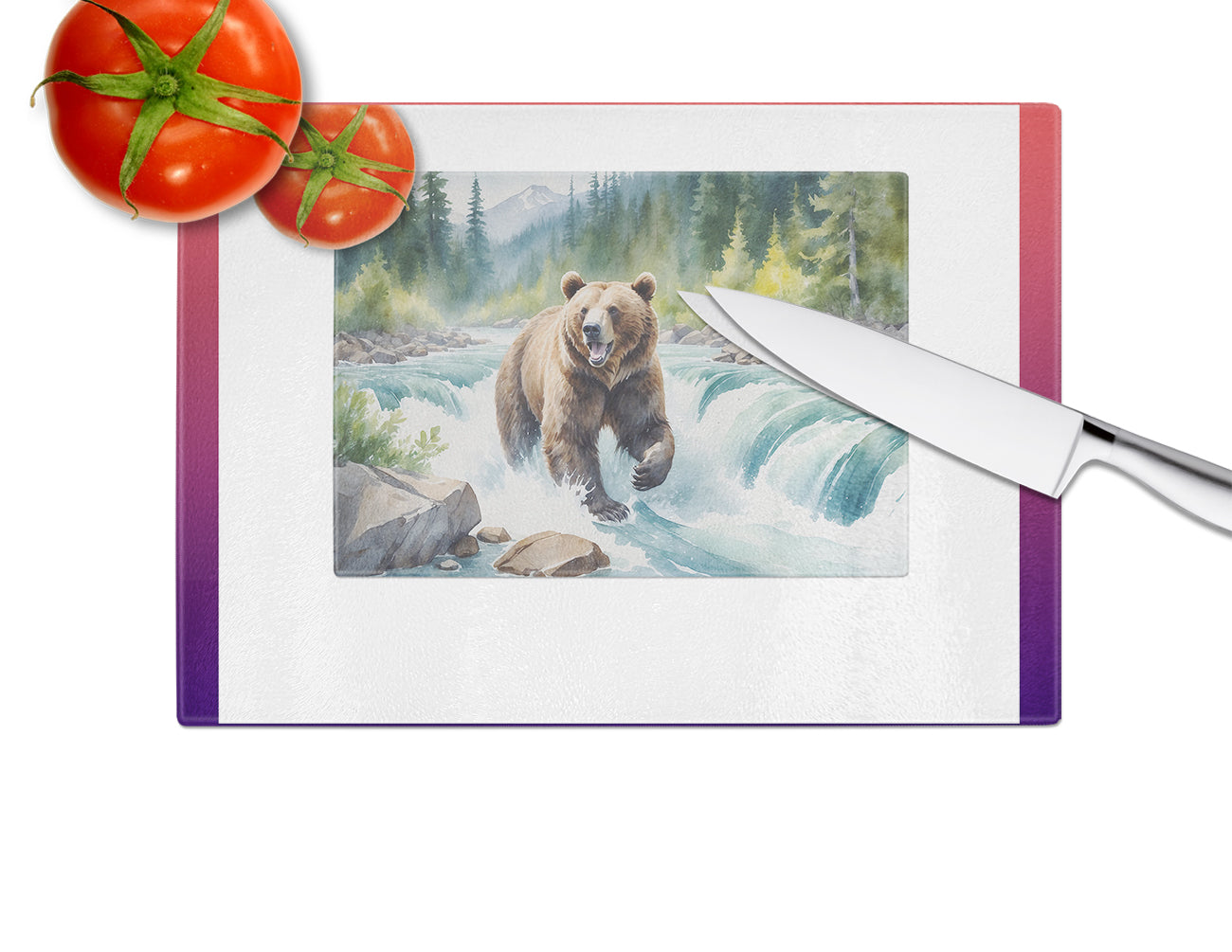 Alaskan Wilderness Grizzly Bear Cutting Board Tempered Glass Kitchen Cutting Surface, Heat Resistant Chopping, Non-Slip Feet, Food Prep & Serving