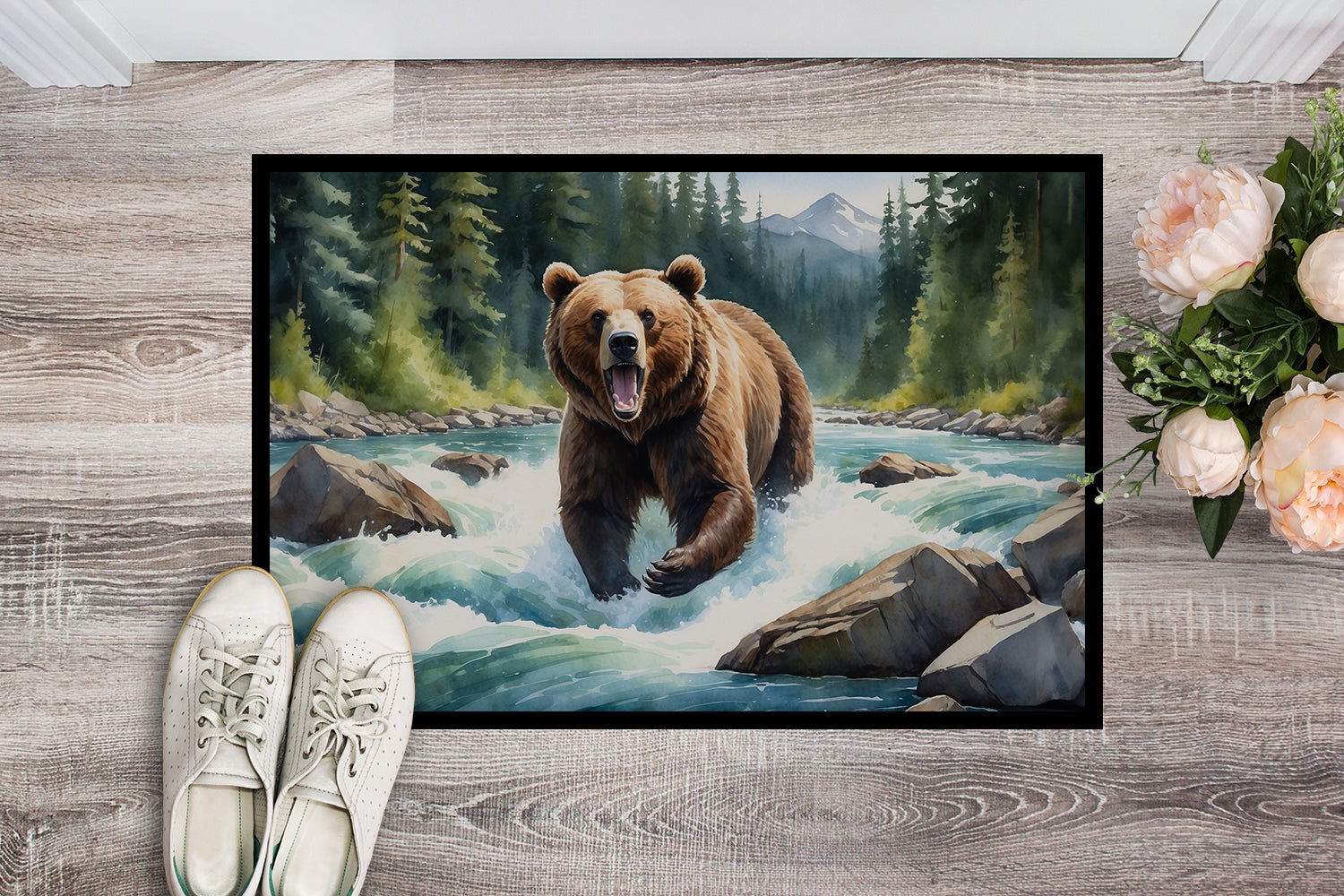 Alaskan Wilderness Grizzly Bear Doormat Indoor Outdoor 18H X 27W Front Door Mat Rugs for Entryway, Non Slip Washable