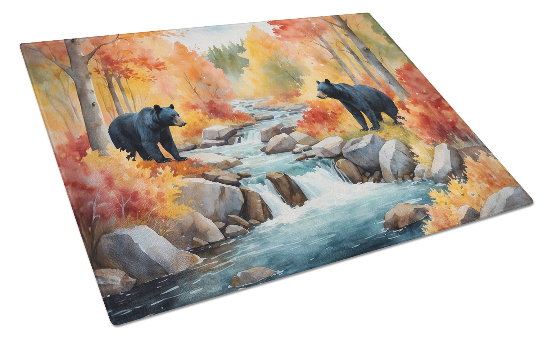 Bears Autumn in the Woods Cutting Board Tempered Glass Kitchen Cutting Surface, Heat Resistant Chopping, Non-Slip Feet, Food Prep & Serving