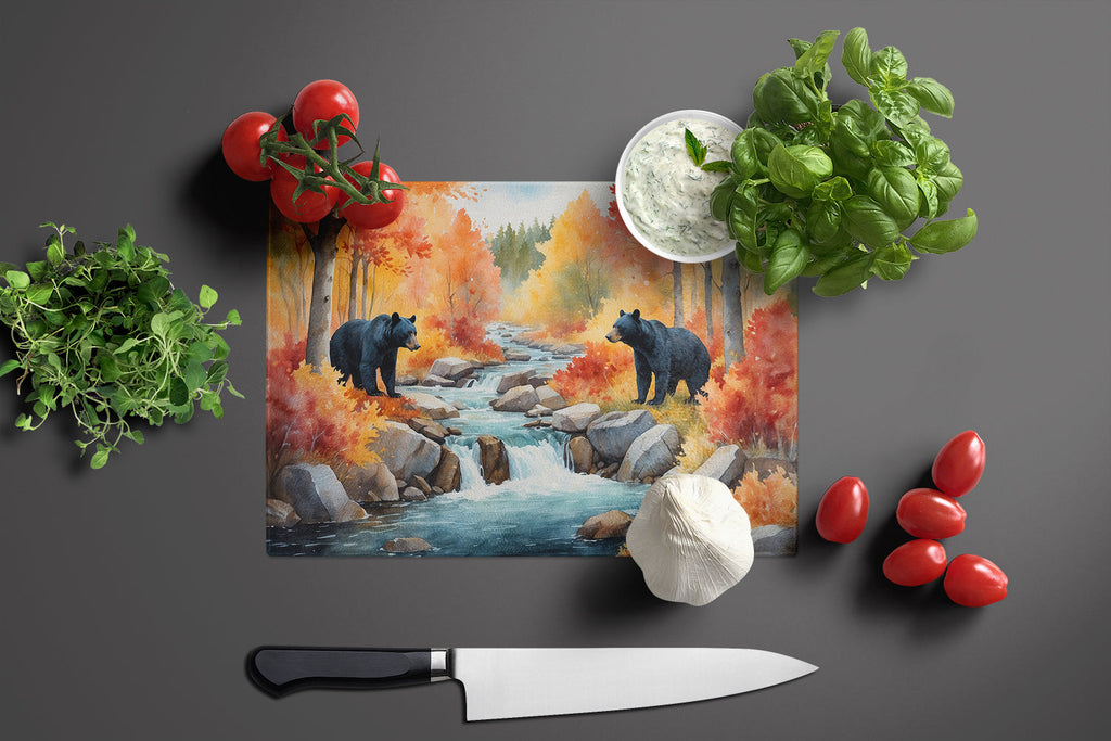 Bears Autumn in the Woods Cutting Board Tempered Glass Kitchen Cutting Surface, Heat Resistant Chopping, Non-Slip Feet, Food Prep & Serving
