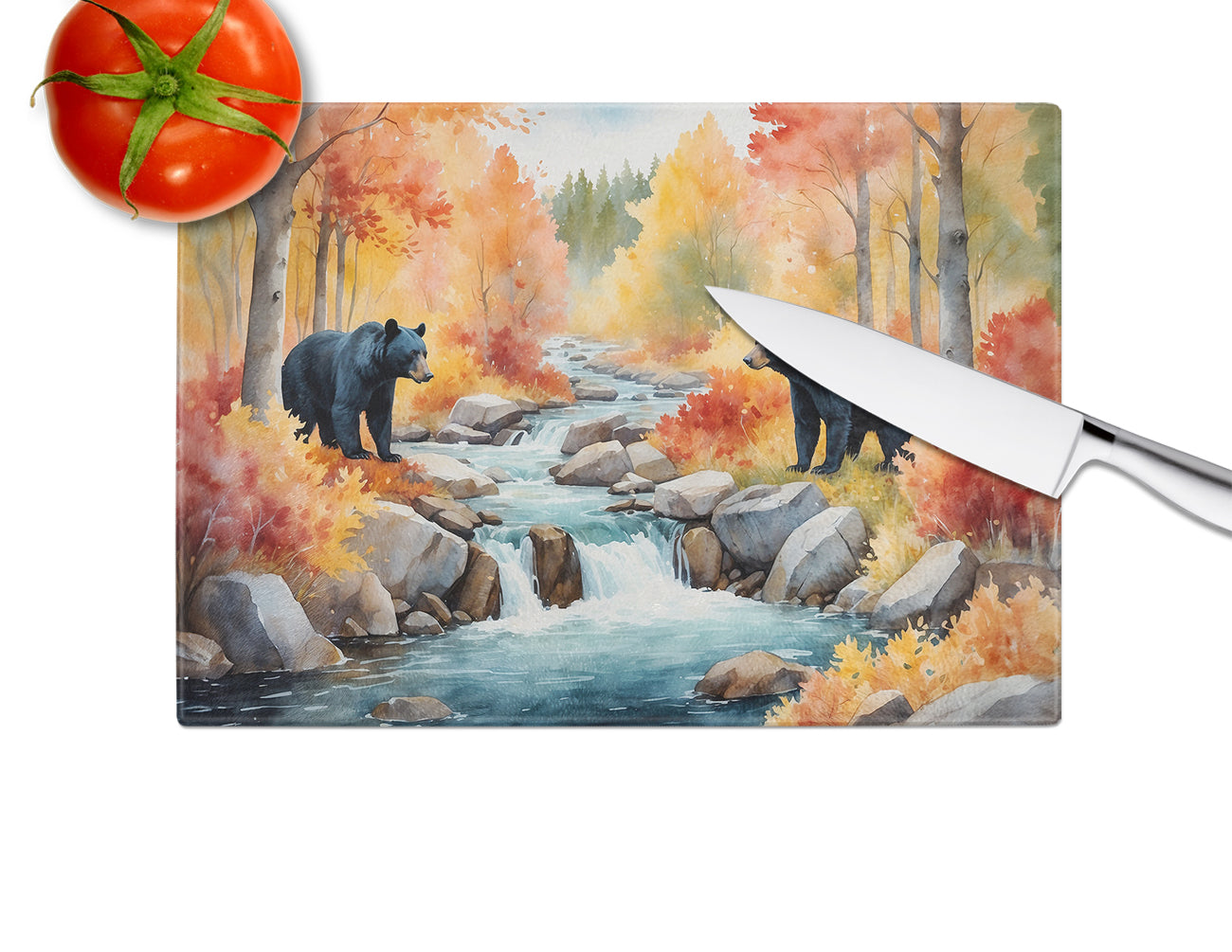 Bears Autumn in the Woods Cutting Board Tempered Glass Kitchen Cutting Surface, Heat Resistant Chopping, Non-Slip Feet, Food Prep & Serving