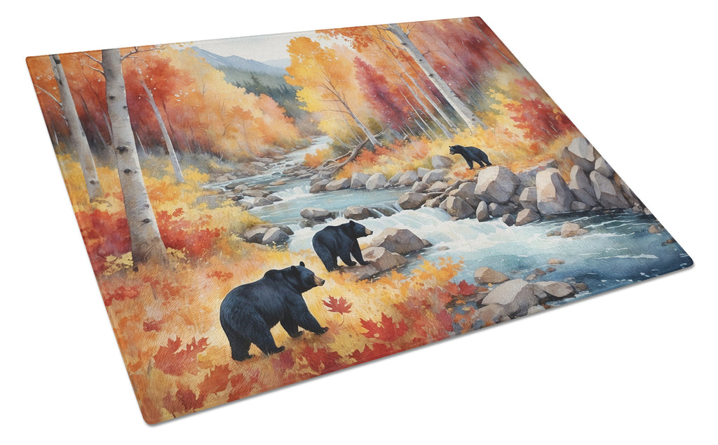 Bears Autumn in the Woods Cutting Board Tempered Glass Kitchen Cutting Surface, Heat Resistant Chopping, Non-Slip Feet, Food Prep & Serving