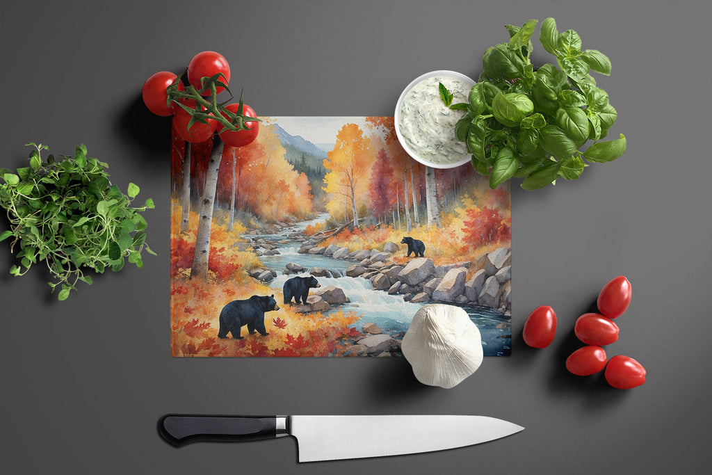 Bears Autumn in the Woods Cutting Board Tempered Glass Kitchen Cutting Surface, Heat Resistant Chopping, Non-Slip Feet, Food Prep & Serving