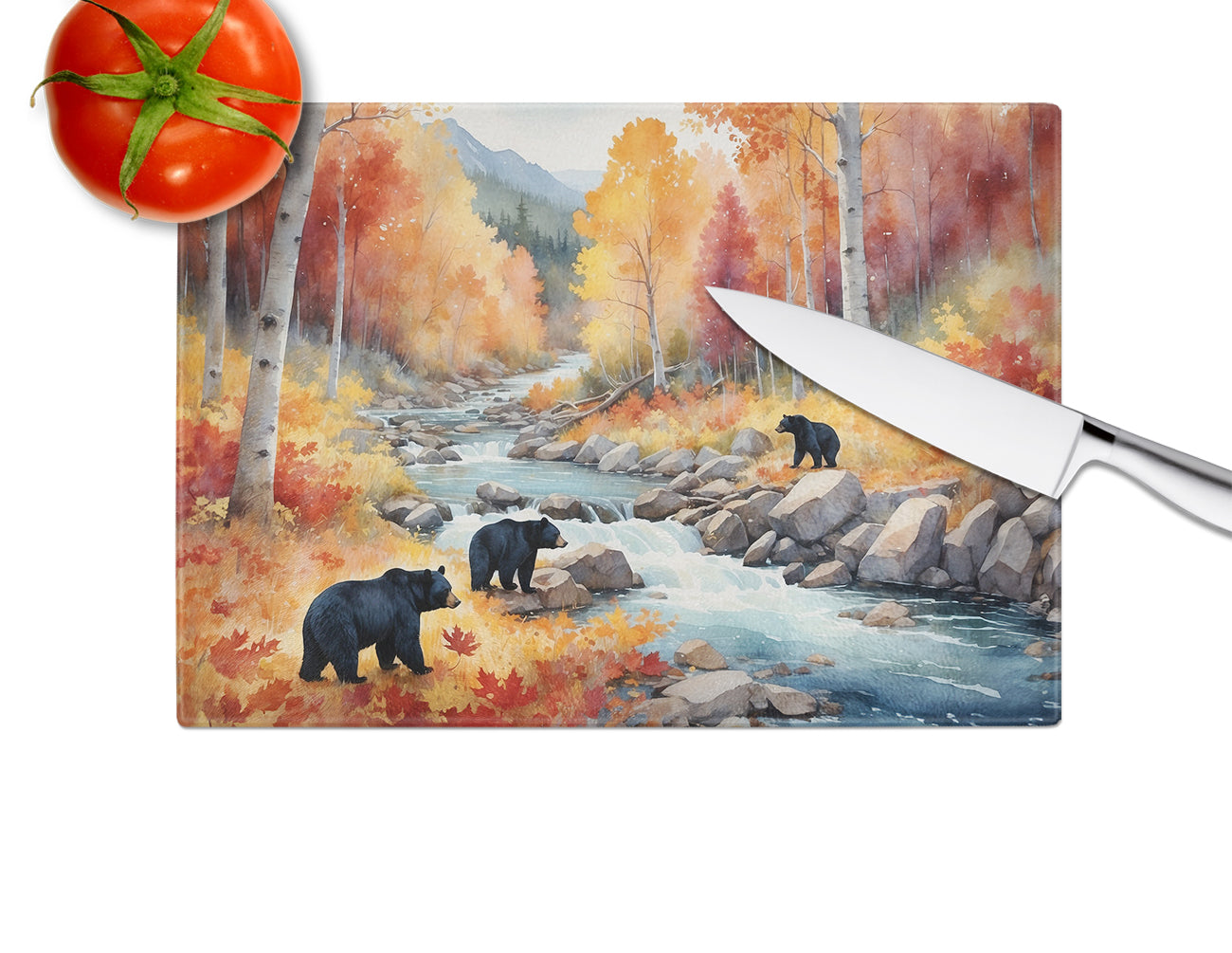 Bears Autumn in the Woods Cutting Board Tempered Glass Kitchen Cutting Surface, Heat Resistant Chopping, Non-Slip Feet, Food Prep & Serving