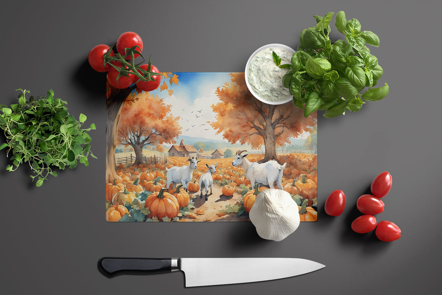 Autumn Goats Cutting Board Tempered Glass Kitchen Cutting Surface, Heat Resistant Chopping, Non-Slip Feet, Food Prep & Serving