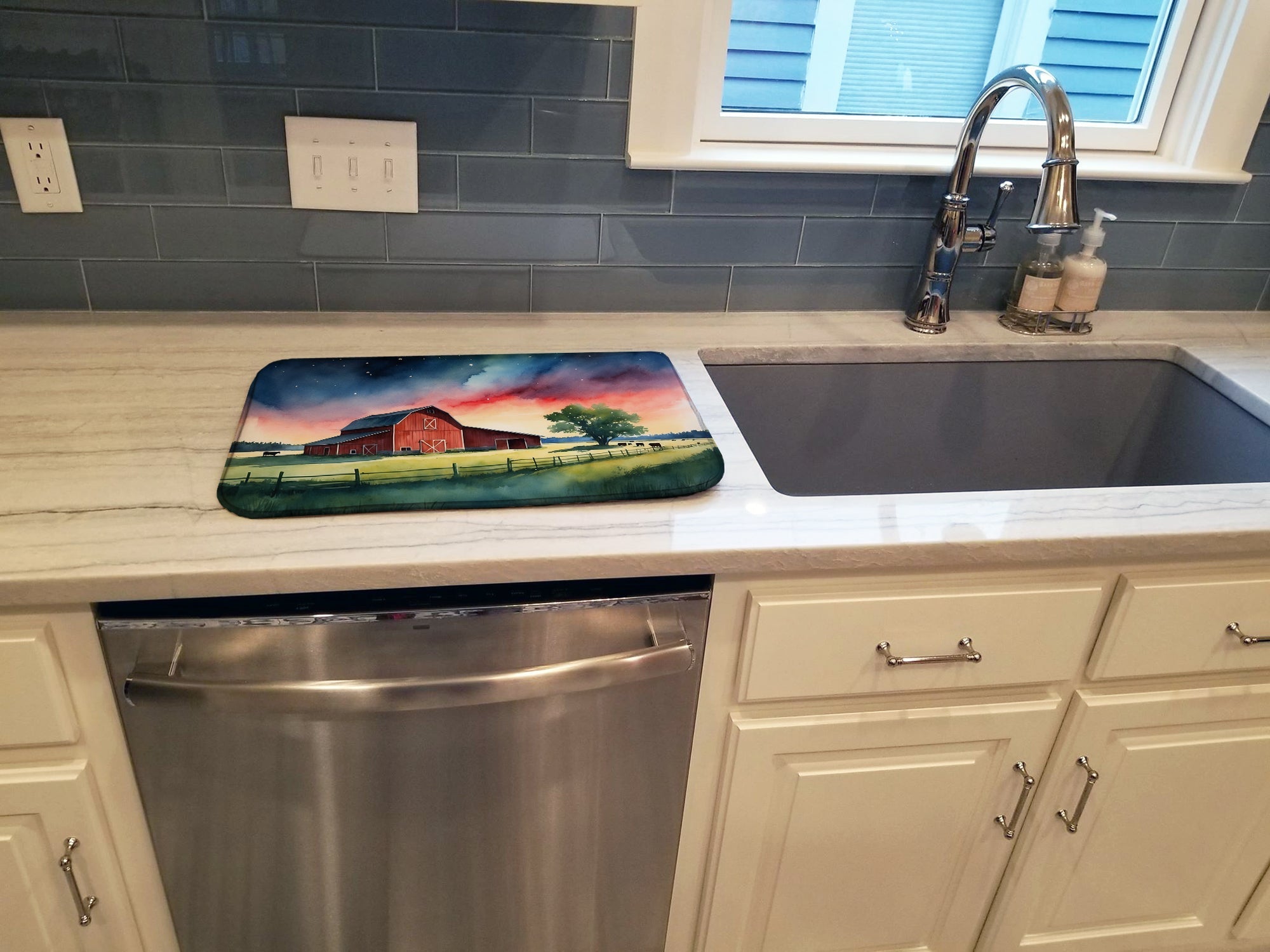 Barn at Twilight Dish Drying Mat Absorbent Dish Drying Mat Pad for Kitchen Counter Dish Drainer Mat for Countertop, 14 x 21", Multicolor