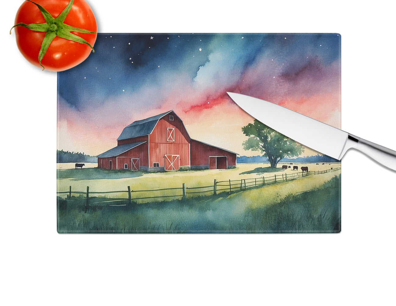 Barn at Twilight Cutting Board Tempered Glass Kitchen Cutting Surface, Heat Resistant Chopping, Non-Slip Feet, Food Prep & Serving