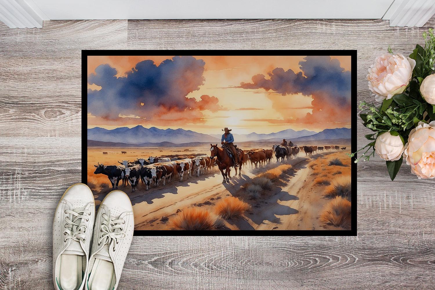 Cattle Drive at Sunset Doormat Indoor Outdoor 24H X 36W Front Door Mat Rugs for Entryway, Non Slip Washable Low Pile,