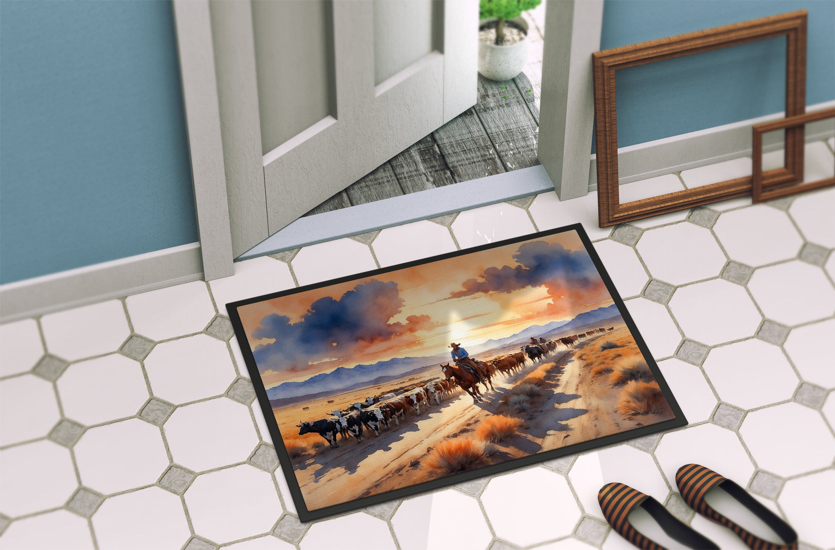 Cattle Drive at Sunset Doormat Indoor Outdoor 24H X 36W Front Door Mat Rugs for Entryway, Non Slip Washable Low Pile,