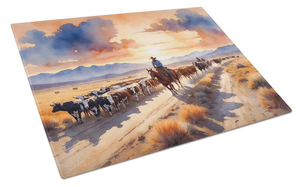 Cattle Drive at Sunset Cutting Board Tempered Glass Kitchen Cutting Surface, Heat Resistant Chopping, Non-Slip Feet, Food Prep & Serving