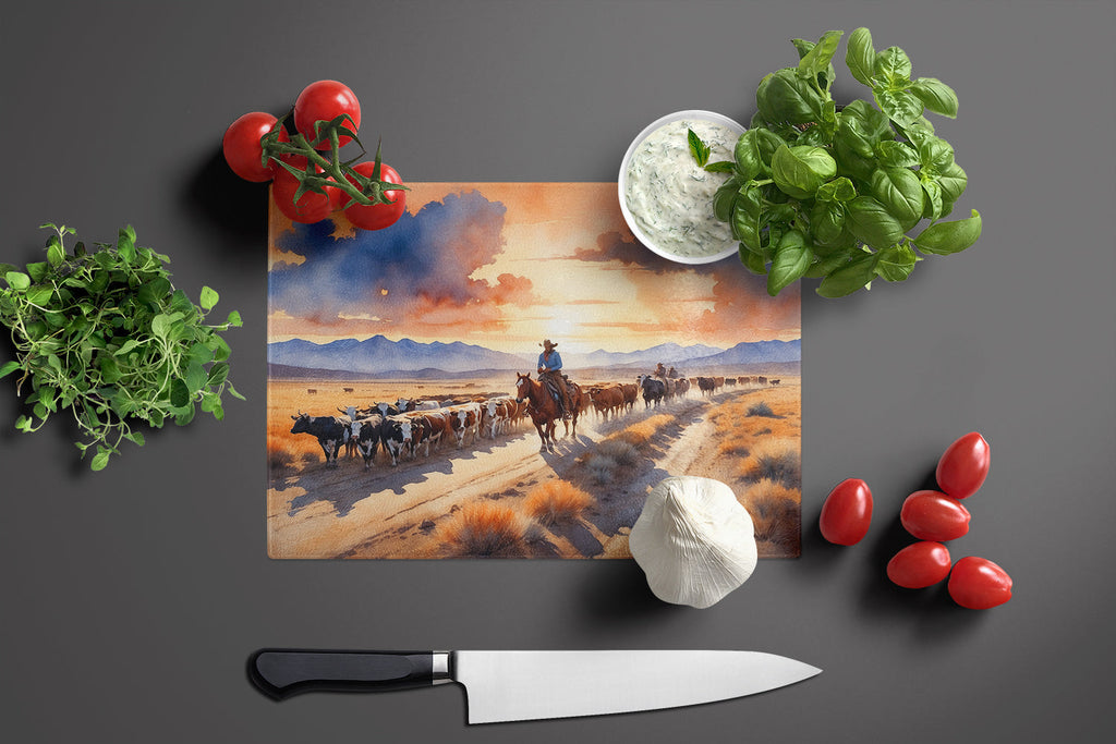 Cattle Drive at Sunset Cutting Board Tempered Glass Kitchen Cutting Surface, Heat Resistant Chopping, Non-Slip Feet, Food Prep & Serving