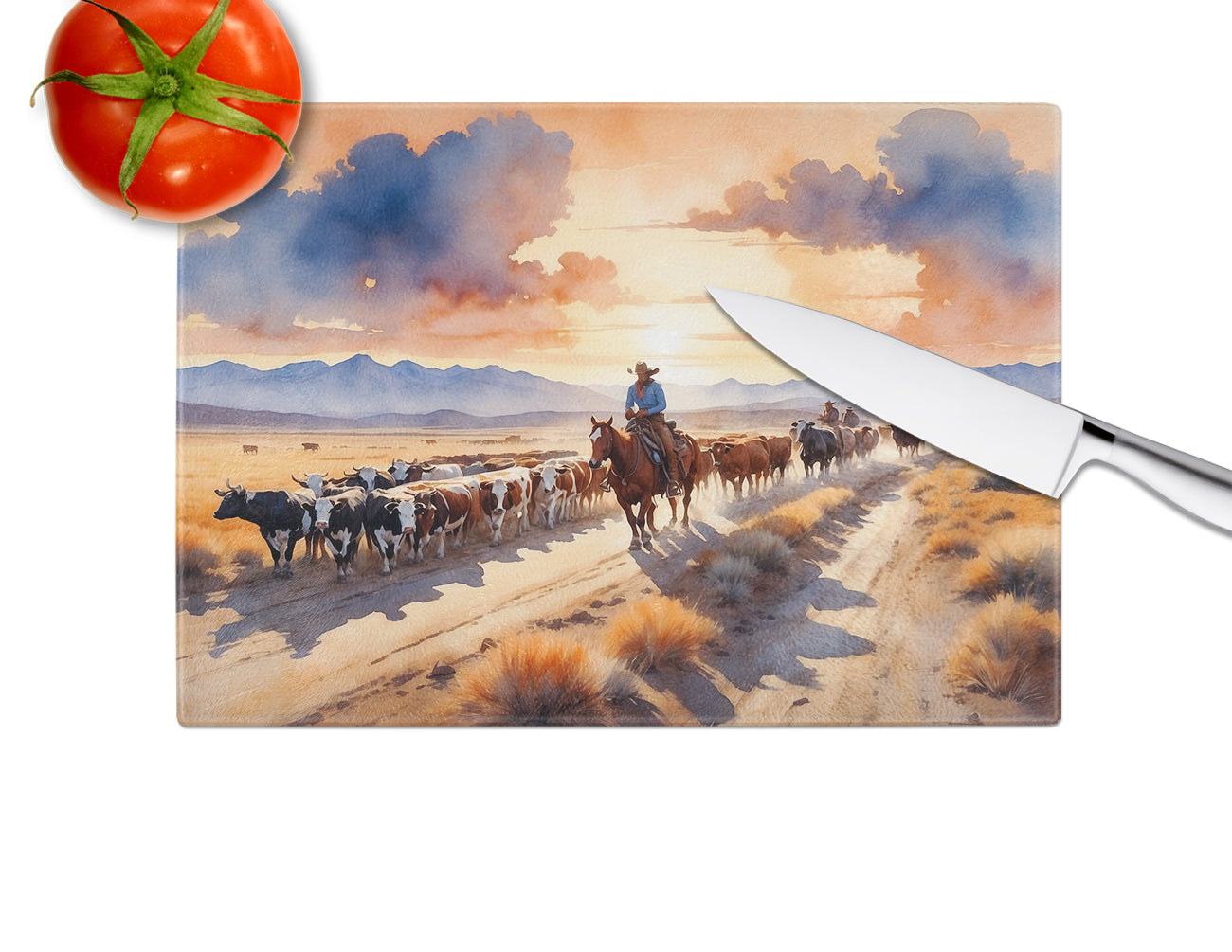 Cattle Drive at Sunset Cutting Board Tempered Glass Kitchen Cutting Surface, Heat Resistant Chopping, Non-Slip Feet, Food Prep & Serving