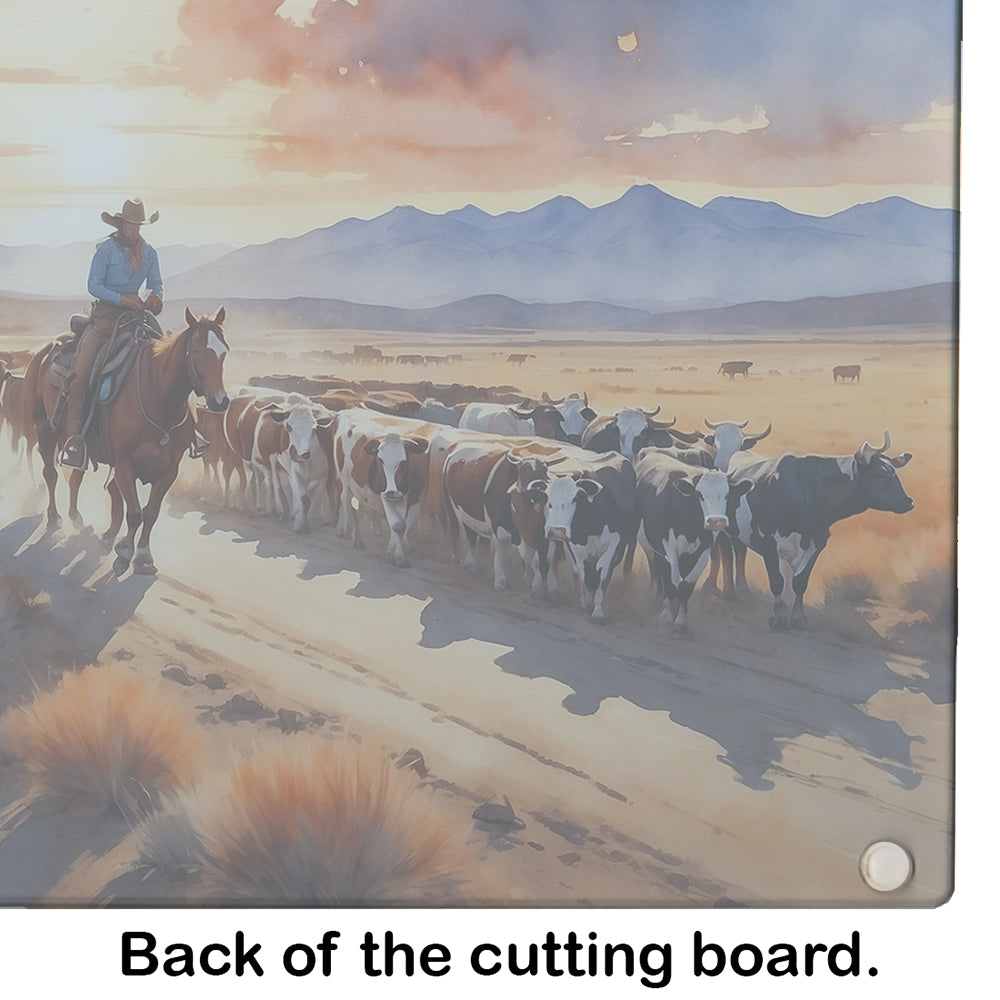 Cattle Drive at Sunset Cutting Board Tempered Glass Kitchen Cutting Surface, Heat Resistant Chopping, Non-Slip Feet, Food Prep & Serving