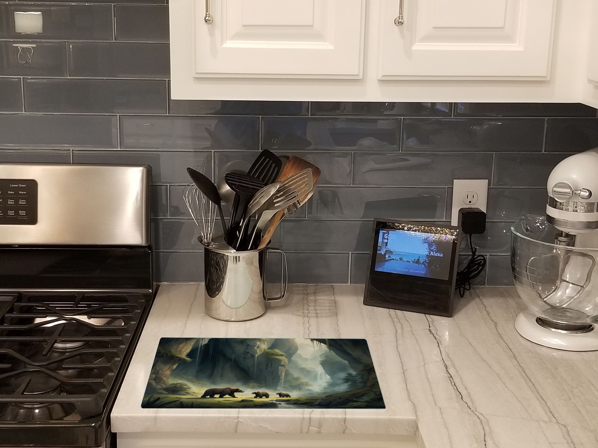 Cave Bears Cutting Board Tempered Glass Kitchen Cutting Surface, Heat Resistant Chopping, Non-Slip Feet, Food Prep & Serving