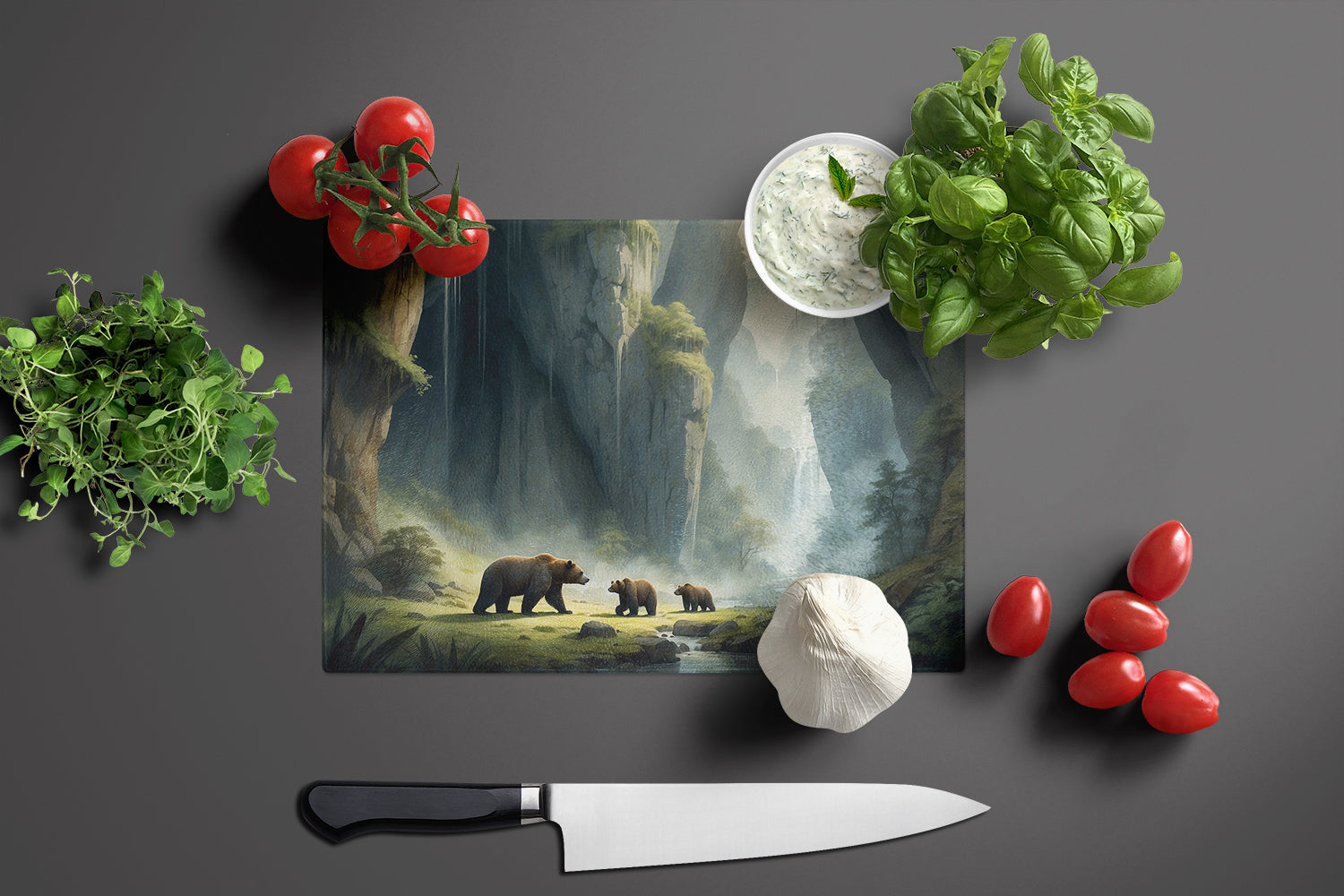 Cave Bears Cutting Board Tempered Glass Kitchen Cutting Surface, Heat Resistant Chopping, Non-Slip Feet, Food Prep & Serving