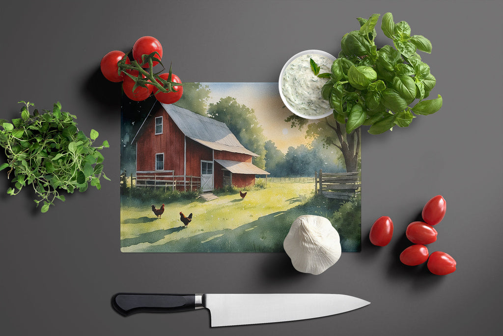 Chicken Coop at Dawn Cutting Board Tempered Glass Kitchen Cutting Surface, Heat Resistant Chopping, Non-Slip Feet, Food Prep & Serving