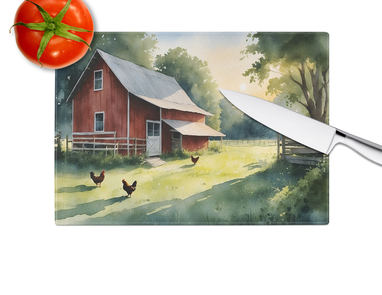 Chicken Coop at Dawn Cutting Board Tempered Glass Kitchen Cutting Surface, Heat Resistant Chopping, Non-Slip Feet, Food Prep & Serving